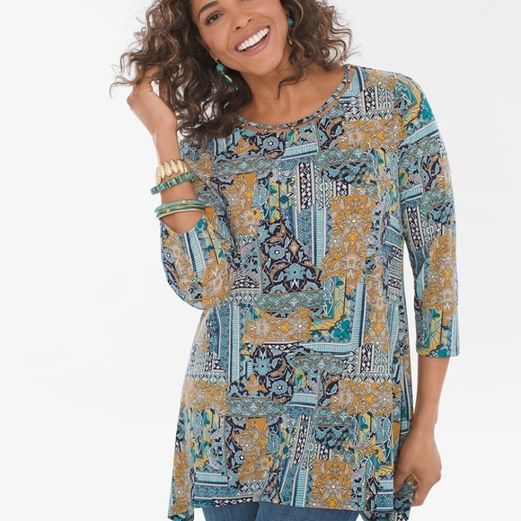 Chico’s Travelers 1/M Tunic Length Blue /Grey Pattern Top Stretchy - Picture 5 of 5